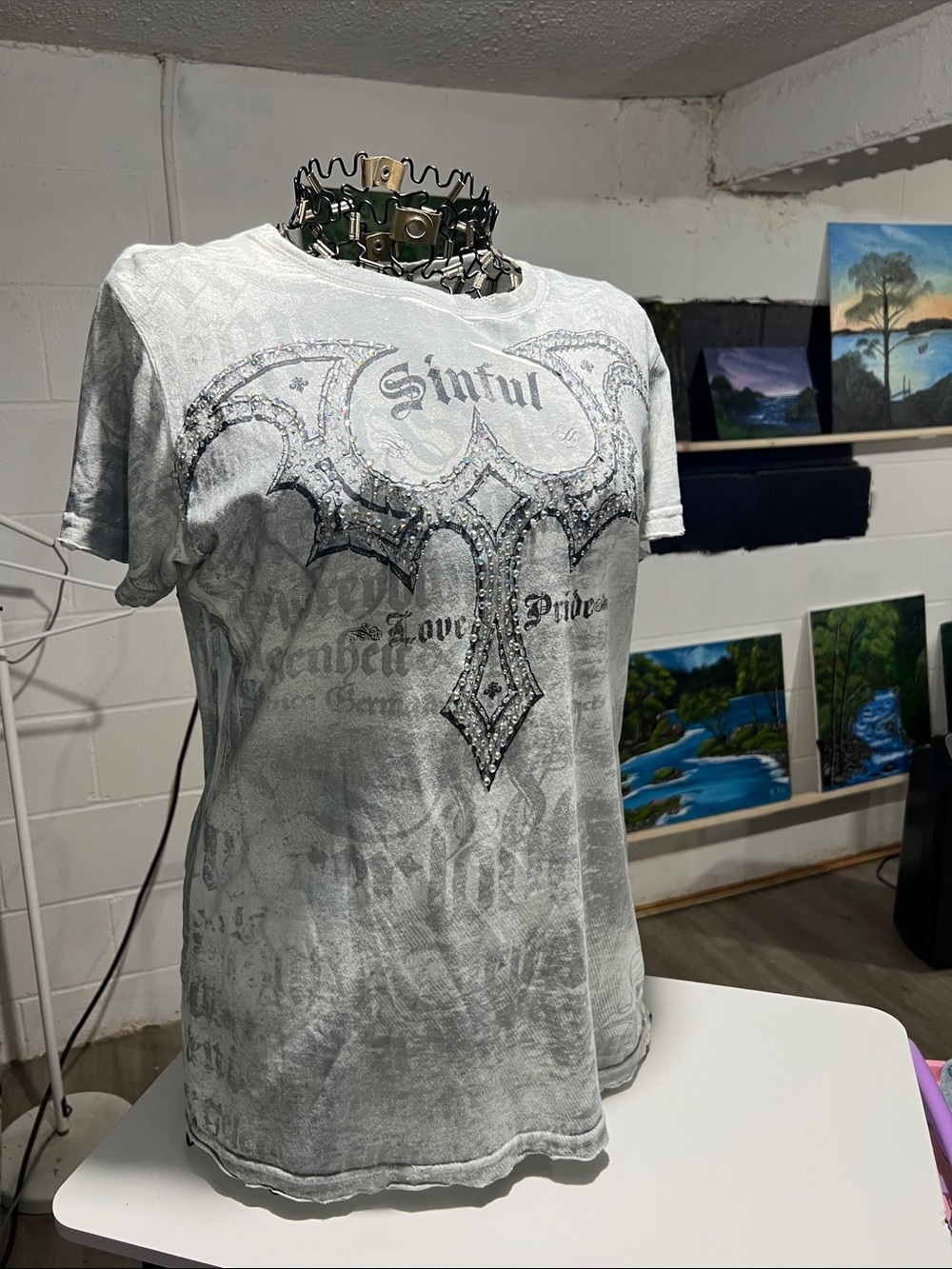 Sinful Light Gray Short Sleeve Tee with Black Cross Graphic